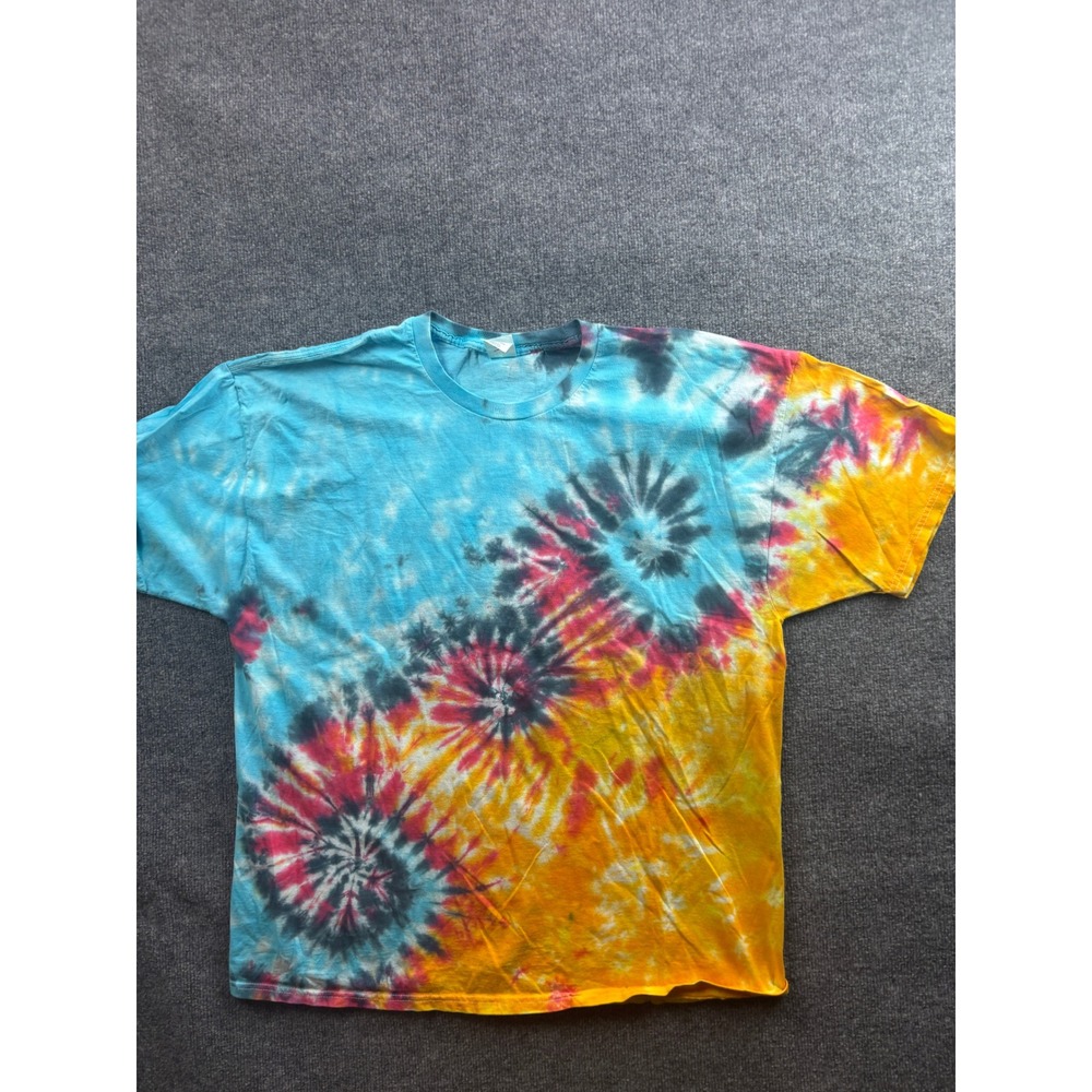 Hanes T-Shirt Mens 2XL Blue Yellow Orange Tie Dye Spiral Graphic Short Sleeve